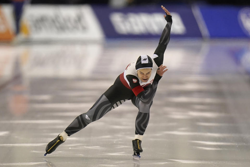 Poland's Andzelika Wójcik skates during the women's 500-meter World Cup speedskating race at the Utah Olympic Oval Saturday, Dec. 4, 2021, in Kearns, Utah. (AP Photo/Rick Bowmer)