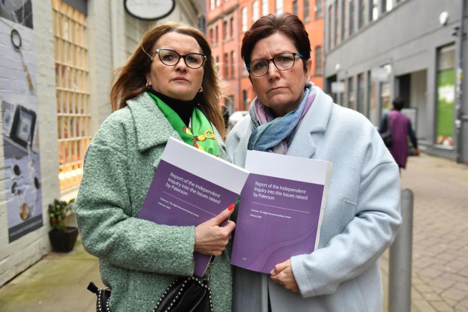 Patients of Paterson Tracey Smith (left) and Debbie Douglas after the report and findings of the Ian Paterson inquiry were revealed (PA)