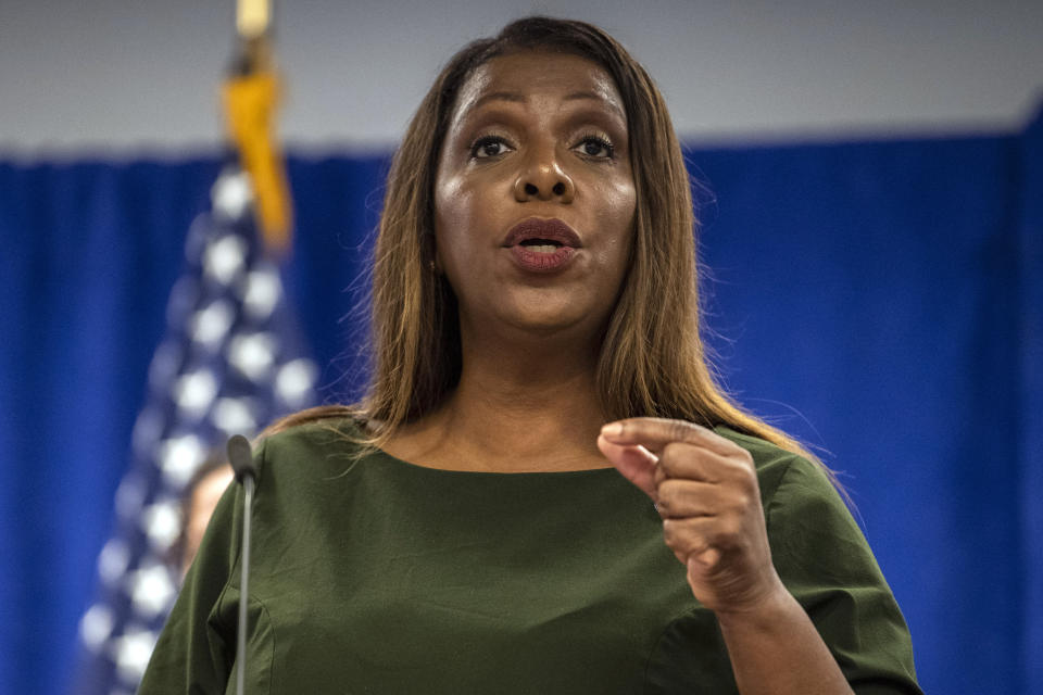 New York Attorney General Letitia James speaks during a press conference, Wednesday, Sept. 21, 2022, in New York. New York’s attorney general sued former President Donald Trump and his company on Wednesday, alleging business fraud involving some of their most prized assets, including properties in Manhattan, Chicago and Washington, D.C. (AP Photo/Brittainy Newman)