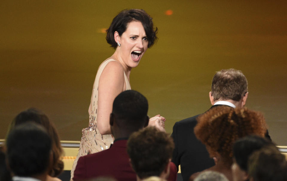 Phoebe Waller-Bridge reacts before going on stage to accept the award for outstanding comedy series for "Fleabag"at the 71st Primetime Emmy Awards on Sunday, Sept. 22, 2019, at the Microsoft Theater in Los Angeles. (Photo by Chris Pizzello/Invision/AP)