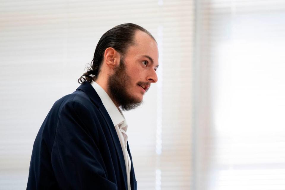 Anthony Huff-McKay, 25, addresses the court during his sentencing on two counts of unlawful imprisonment, two counts of second-degree malicious mischief, and obstructing a law enforcement officer in Pierce County Superior Court on Friday, July 19, 2024, in Tacoma.