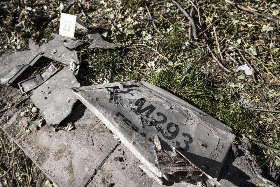 A fragment of a suicide drone lies on the ground.