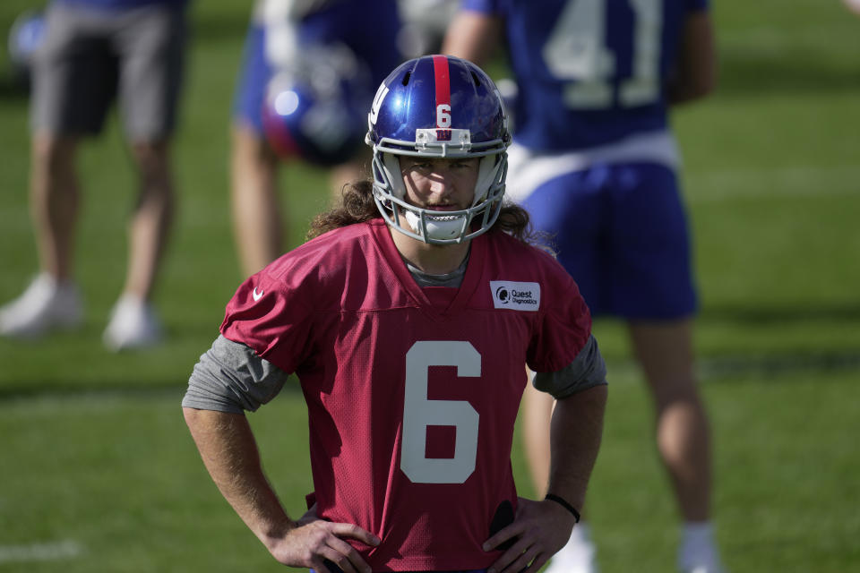 New York Giants punter Jamie Gillan, number 6, attends a practice session at Hanbury Manor in Ware, England, Friday, Oct. 7, 2022 ahead the NFL game against Green Bay Packers at the Tottenham Hotspur stadium on Sunday. (AP Photo/Kin Cheung)