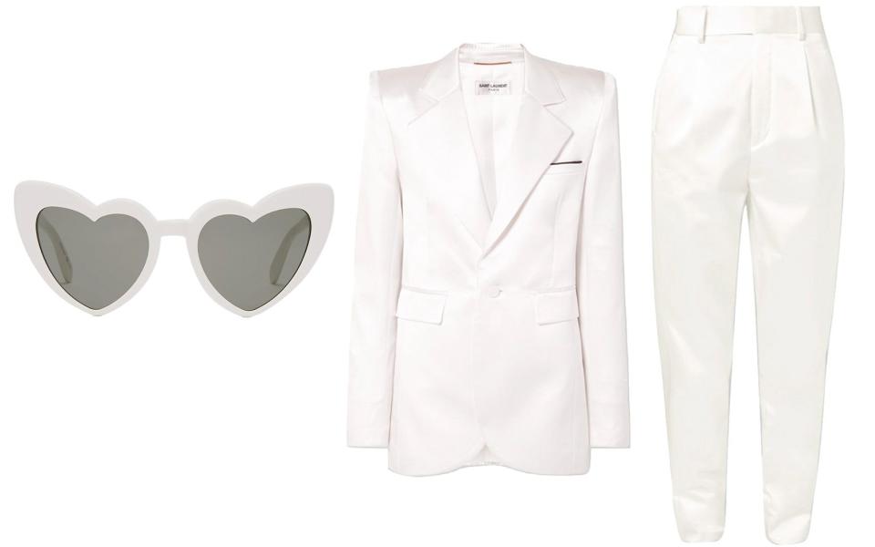 Heart shaped sunglasses, rent from £41.40, Saint Laurent at Hurr; Silk blend satin blazer and trousers, rent both from £448, Saint Laurent at Front Row