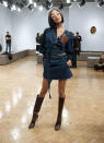 <p>Model Jourdan Dunn served up serious ’70s vibes at the JW Anderson show in double denim. <em>[Photo: Getty]</em> </p>