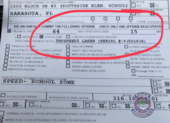 A police department stopped a driver who was speeding over 4 times the limit in a school zone (Credit: Facebook)