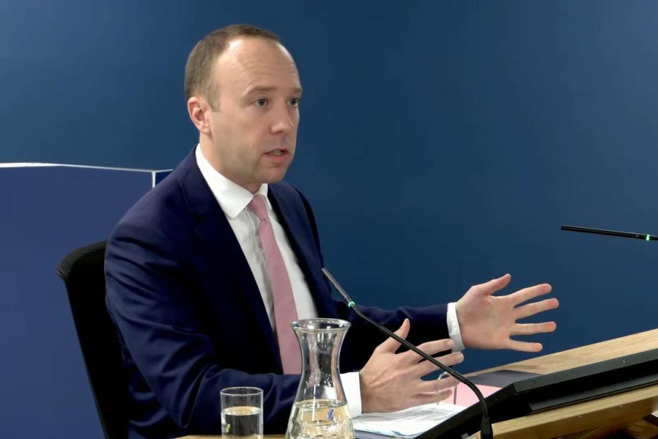 Former health secretary Matt Hancock giving evidence to the inquiry (PA Wire)