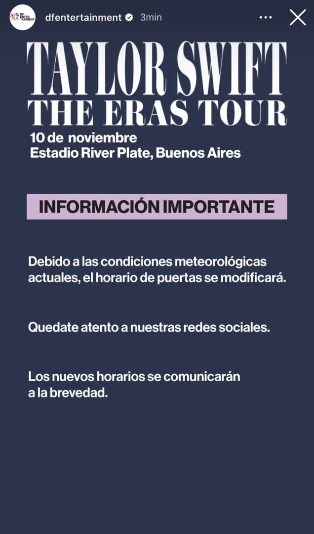 Por las lluvias se modificará el horario de apertura de puertas del estadio para el show de Taylor