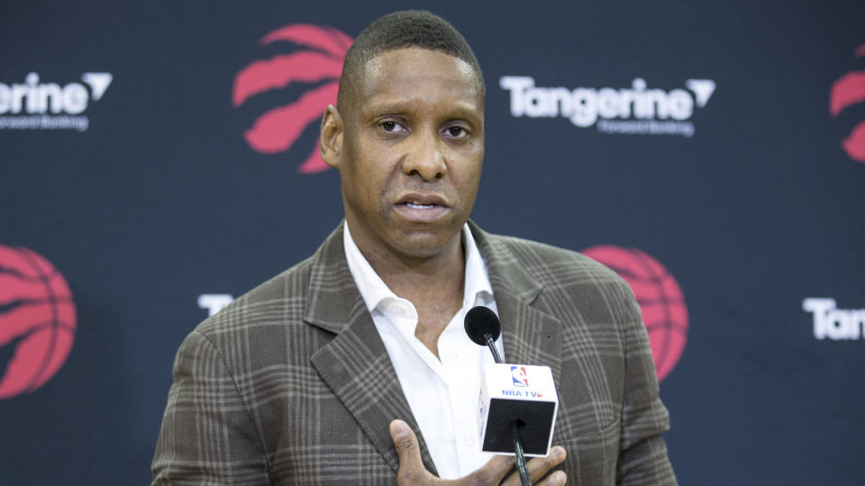 TORONTO, ON - JULY 20  -   Toronto Raptors President Masai Ujiri talks to the media during a press conference about the DeMar DeRozan-Kawhi Leonard trade at Scotiabank Arena, Toronto.  July 20, 2018. Bernard Weil/Toronto Star        (Bernard Weil/Toronto Star via Getty Images)