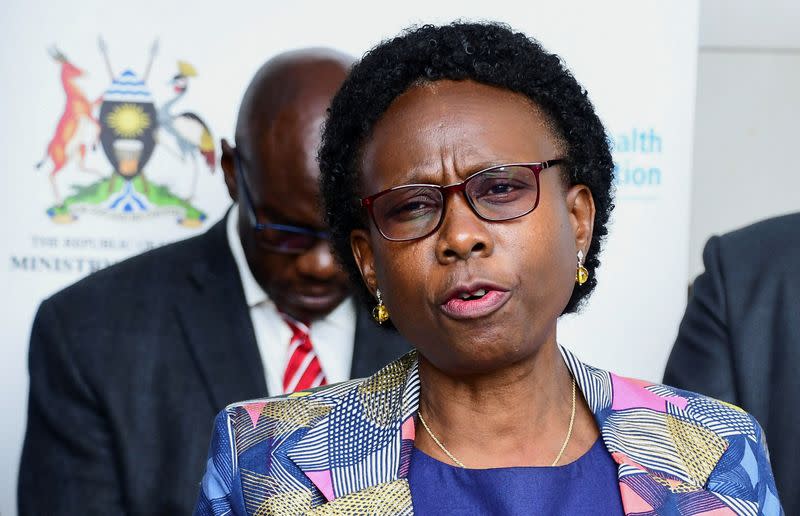 Uganda Health Minister Jane Ruth Aceng address the media after receiving a shipment of 1,200 doses for Ebola vaccine candidates set to be used in a clinical trial at the NMS in Entebbe