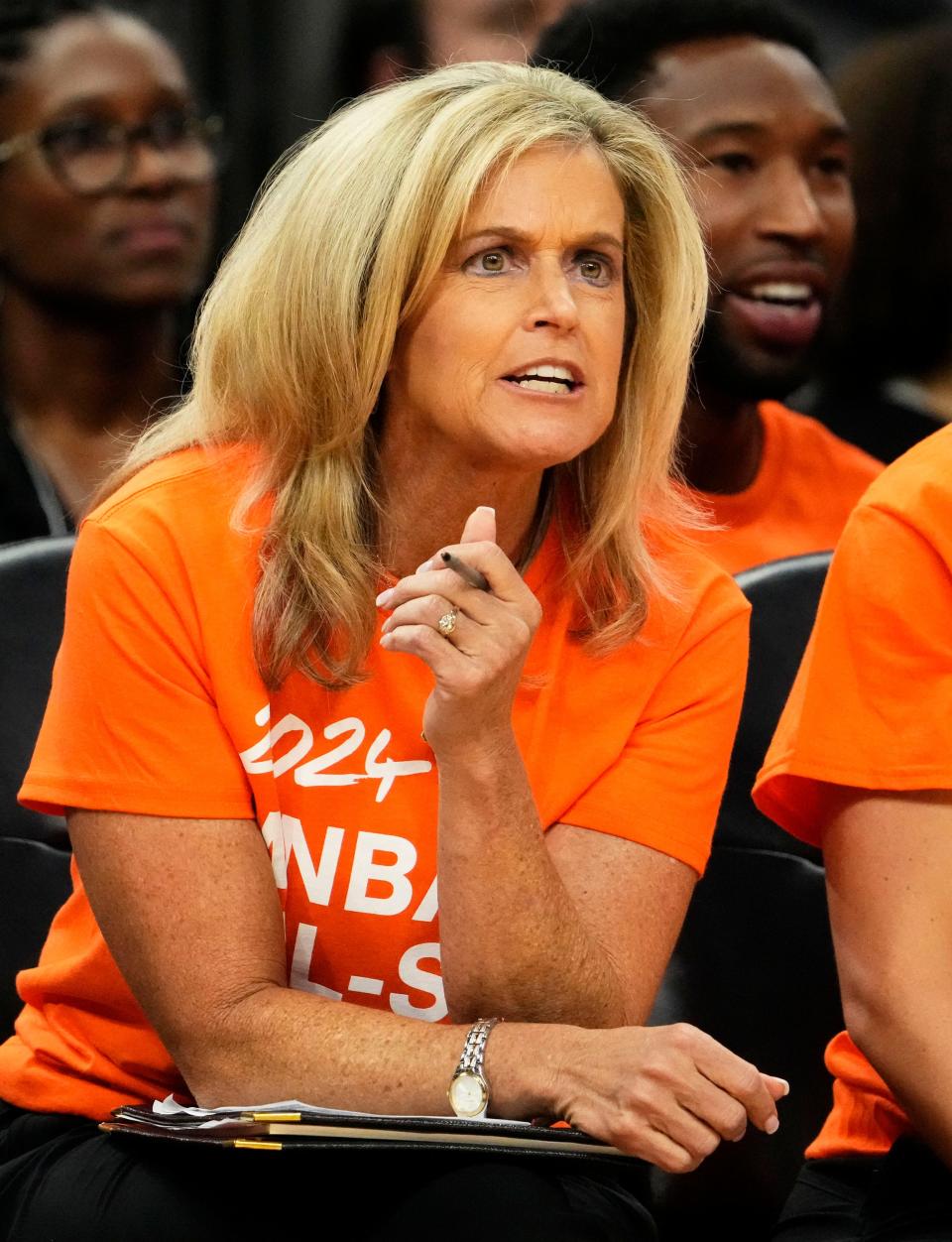 Phoenix Mercury assistant coach Charli Turner Thorne during action against the Connecticut Sun in the second half at Footprint Center in Phoenix on July 18, 2023.