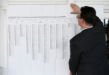 Election staff puts up a list of candidates for the European elections at a polling place at the Kurhaus in Scheveningen, Netherlands May 23, 2019. REUTERS/Piroschka van de Wouw