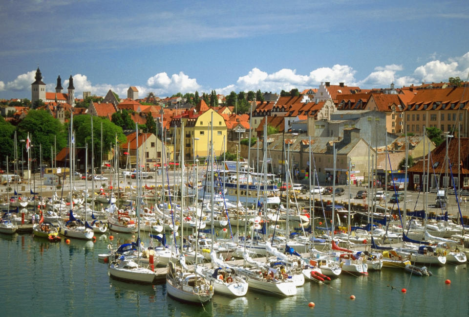 High angle view of sailboats docked at Visby, Gotland Island's harbor