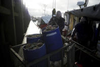 FILE - In this Thursday, Dec. 10, 2020 file photo, fishermen on the Corentin-Lucas fishing boat unload spider crabs at the port of Boulogne-sur-Mer, northern France. Deep into a crucial weekend of negotiations, a breakthrough on fishing rights remained elusive for European Union and Britain. That is leaving both sides without a trade agreement that would dull the edge of a chaotic, costly economic break on New Year’s Day. (AP Photo/Thibault Camus, File)