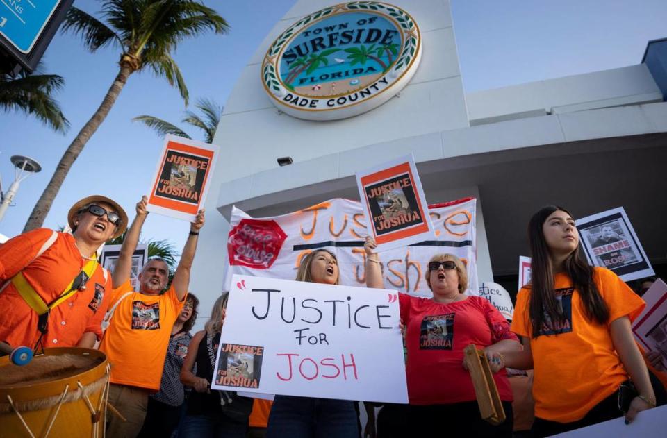 People attend a rally calling for “Justice for Joshua” before a town commission meeting on Tuesday, March 12, 2024, at Surfside Town Hall. Joshua Epstein, an 18-year-old activist and the son of former Town Commissioner Eliana Salzhauer, was arrested for allegedly pushing Vice Mayor Jeff Rose at a candidate forum.