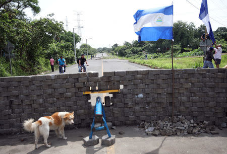 Demonstrators are seen raising a Nicaraguan flag at a barricade during a protest against the government of Nicaraguan President Daniel Ortega in Masaya, Nicaragua June 19, 2018. REUTERS/Andres Martinez Casares