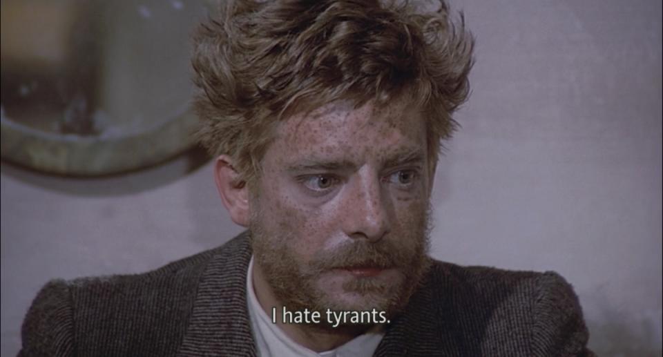 Giancarlo Giannini in Love & Anarchy saying "I hate tyrants."