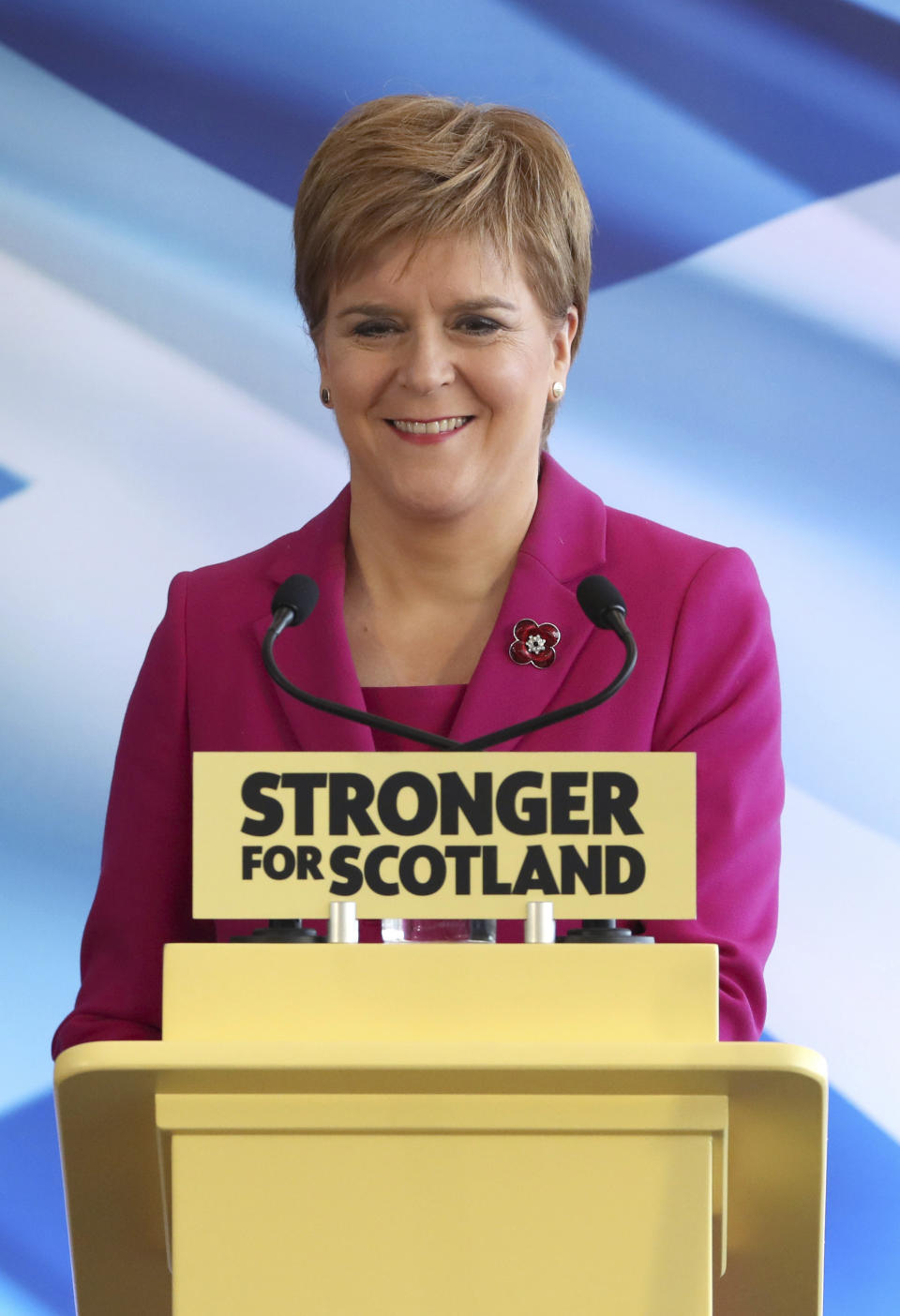 Scottish National Party (SNP) leader Nicola Sturgeon speaks during the launch of the party's General Election campaign, in Edinburgh, Scotland, Friday Nov. 8, 2019. The Scottish National Party is officially launching its campaign for Britain’s upcoming Dec. 12 election, with the SNP hoping to put Scotland a step closer to independence. (Andrew Milligan/PA via AP)