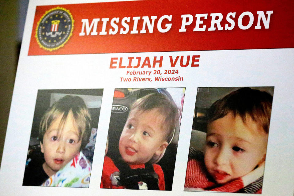 A missing person poster was on display at the press conference held at the Two Rivers city hall to help find three-year-old (Gary C. Klein / USA Today Network via Reuters)