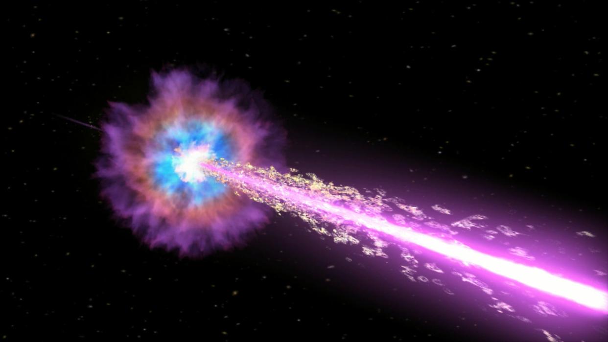 gamma ray burst illustration colorful black hole shooting out purple jet