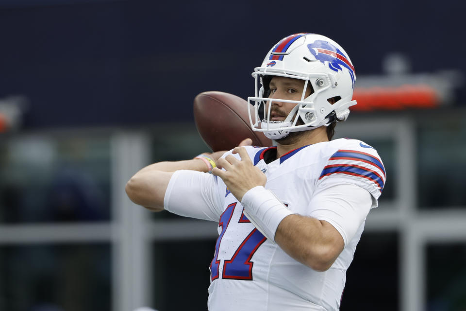 Buffalo Bills quarterback Josh Allen prior to an NFL football game, Sunday, Oct. 22, 2023, in Foxborough, Mass. (AP Photo/Winslow Townson)