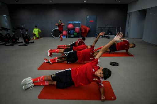 Benfica's under 15 players attend a gym training session at Benfica's Football Academy in Seixal