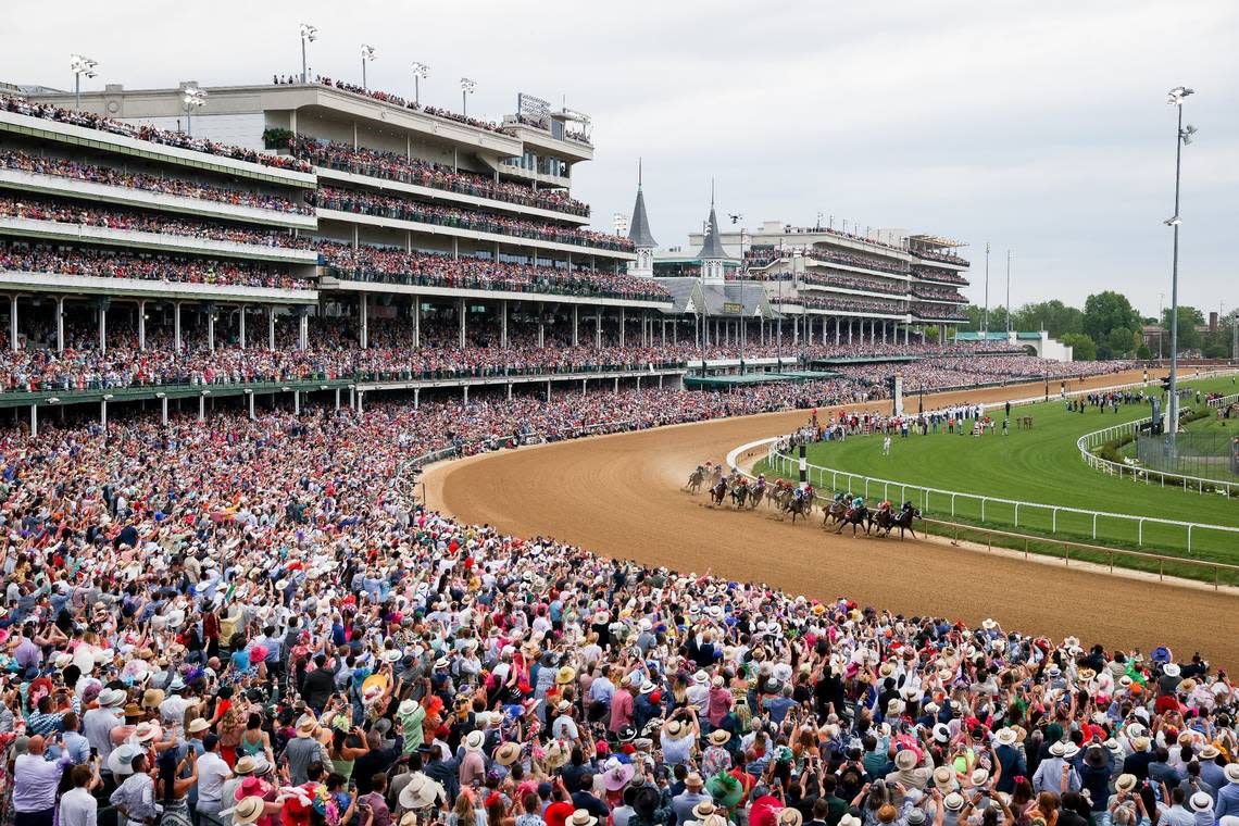 The field rounds the first turn during the 149th running of the Kentucky Derby at Churchill Downs on Friday, May 6, 2023, in Louisville, Ky. (Jack Weaver/Herald-Leader) Jack Weaver