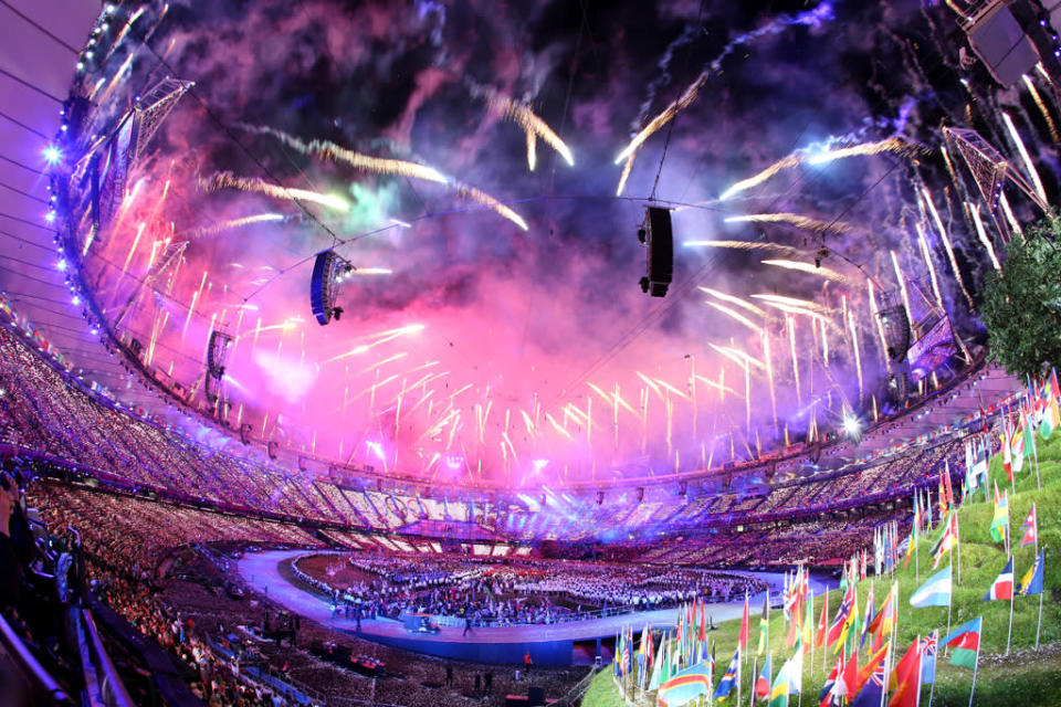 General View as fireworks illuminate the sky during the Opening Ceremony of the London 2012 Olympic Games at the Olympic Stadium on July 27, 2012 in London, England. (Photo by Ryan Pierse/Getty Images)