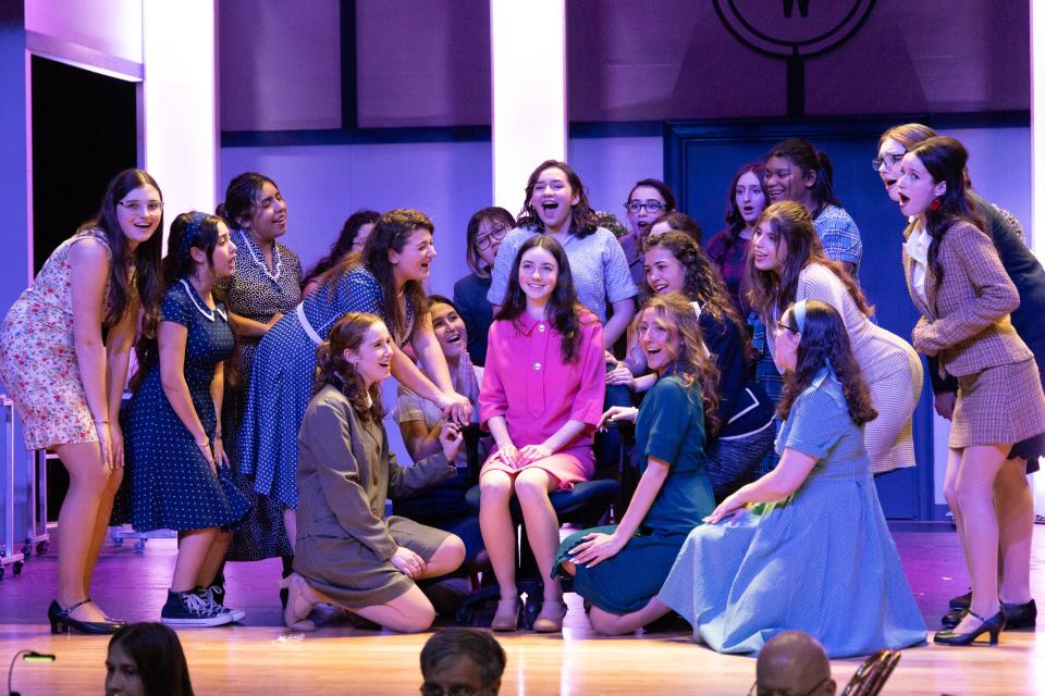 Olivia Craven, center, as Rosemary Pilkington, gets tips from Isabelle Devlin, as Smitty, and the female ensemble in Carmel High School's production of "How to Succeed in Business Without Really Trying." Performances at George Fischer Middle School at 7 p.m., March 15; noon and 6 p.m., March 16.