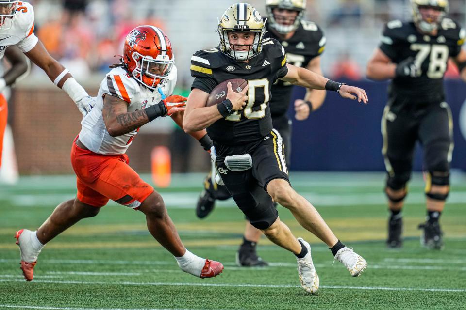 Georgia Tech Yellow Jackets quarterback Haynes King runs against the Bowling Green Falcons during the second half at Hyundai Field.