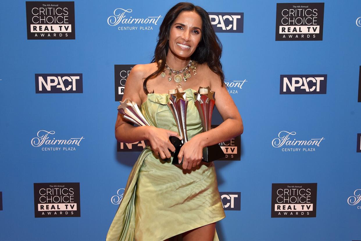 Padma Lakshmi, winner of the Best Competition Series award for 'Top Chef,' Best Culinary Show award for 'Top Chef,' and Best Show Host for 'Taste the Nation with Padma Lakshmi' and 'Top Chef,' poses during the Fourth Annual Critics Choice Real TV Awards at Fairmont Century Plaza on June 12, 2022 in Los Angeles, California.