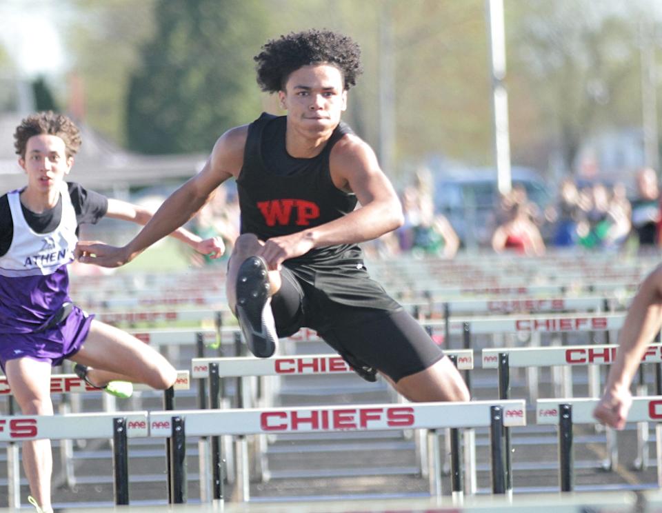 Jordan Pisco of White Pigeon finished second in the 110 hurdles on Monday.