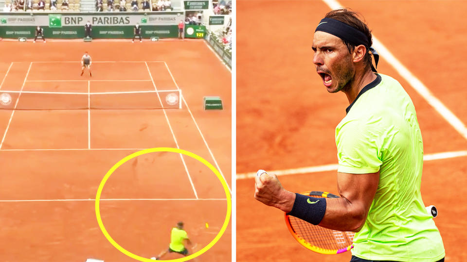 Rafael Nadal (pictured right) celebrating after producing an incredible shot (pictured left) at Roland Garros.