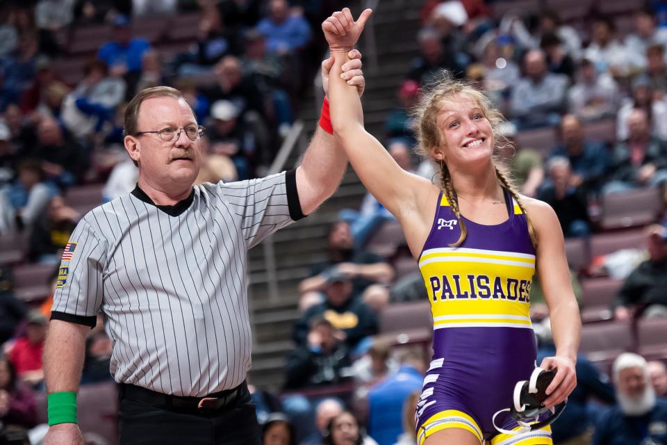 Palisades' Savannah Witt wins gold at 118-pound during the PIAA Girls' Wrestling Championships at the Giant Center on March 9, 2024, in Hershey. Witt won with a 13-7 decision.