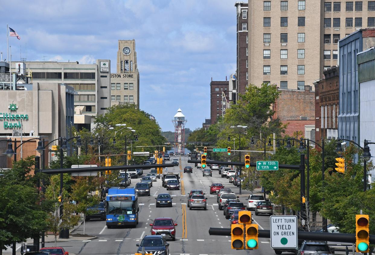 The skyline of downtown Erie is seen from the State Street railroad in this 2019 file photo.
