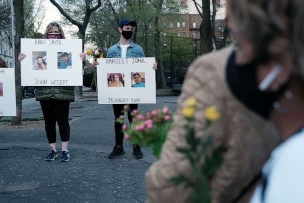 PHOTO: In this April 19, 2021, file photo, local politicians and community members attend a vigil in New York. The vigil is held for the members of the Sikh community killed in the mass shooting at a FedEx facility in Indianapolis last week. (Spencer Platt/Getty Images, FILE)