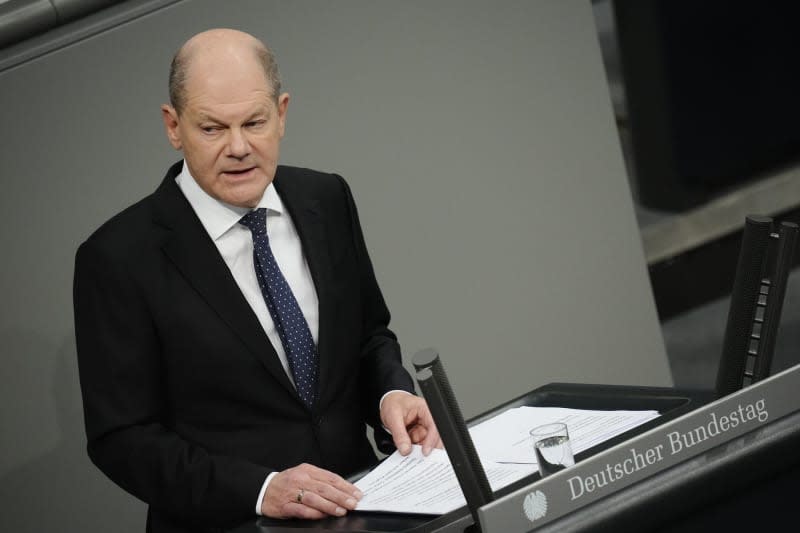 Germany's Chancellor Olaf Scholz speaks during a plenary session of the German Bundestag. Scholz shares Foreign Minister Annalena Baerbock's openness to deliveries of Eurofighters to Saudi Arabia. Michael Kappeler/dpa