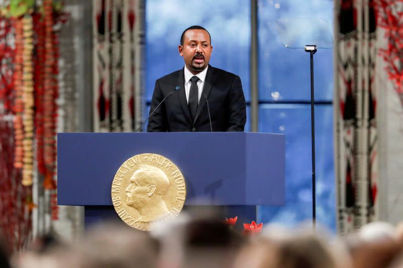 FILE PHOTO: Nobel Peace Prize Laureate Ethiopian Prime Minister Abiy Ahmed Ali delivers his speach during the awarding ceremony in Oslo City Hall
