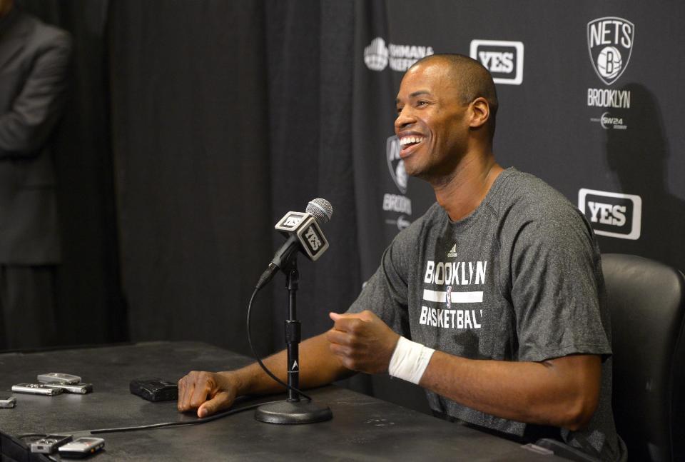 Brooklyn Nets center Jason Collins speaks during a news conference prior to an NBA basketball game against the Los Angeles Lakers, Sunday, Feb. 23, 2014, in Los Angeles. Collins signed a 10-day contract with the Brooklyn Nets earlier Sunday and was to be in uniform for their game in Los Angeles against the Lakers. The 35-year-old center revealed at the end of last season he is gay, but he was a free agent and had remained unsigned. (AP Photo/Mark J. Terrill)