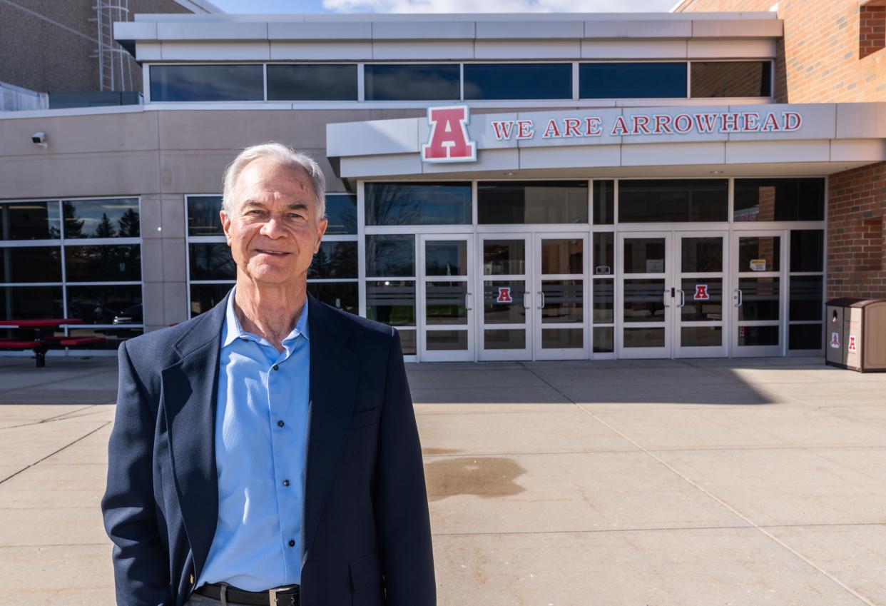 Craig Thompson, former Arrowhead School Board member, is pictured outside the Waukesha County school on April 5.