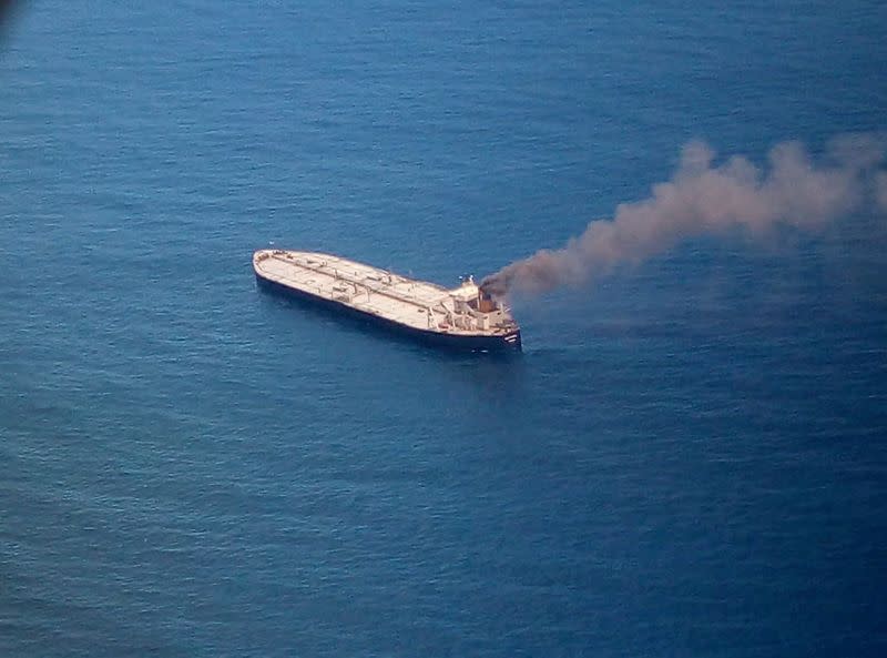 The New Diamond, a very large crude carrier (VLCC) chartered by Indian Oil Corp (IOC), that was carrying the equivalent of about 2 million barrels of oil, is seen after a fire broke out off east coast of Sri Lanka