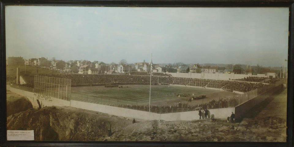 This Nov. 24, 1932 photo made available by the Paterson Historic Preservation Commission shows Hinchliffe Stadium, built as a public works project municipal stadium in 1932 in Paterson, N.J. Listed on the state and National Register of Historic Places, Hinchliffe Stadium served as home to the New York Black Yankees of the Negro National League from 1933-37 and 1939-45. (AP Photo/Paterson Historic Preservation Commission)