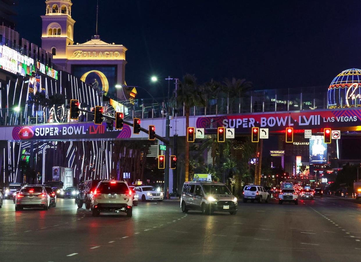 Billions of dollars are being bet on the matchup between the San Francisco 49ers and Kansas City Chiefs. <a href="https://www.gettyimages.com/detail/news-photo/signage-for-super-bowl-lviii-is-displayed-on-a-pedestrian-news-photo/1974137455?adppopup=true" rel="nofollow noopener" target="_blank" data-ylk="slk:Ethan Miller/Getty Images;elm:context_link;itc:0;sec:content-canvas" class="link ">Ethan Miller/Getty Images</a>