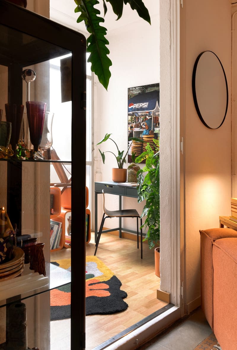 Office with potted plants and colorful rug.