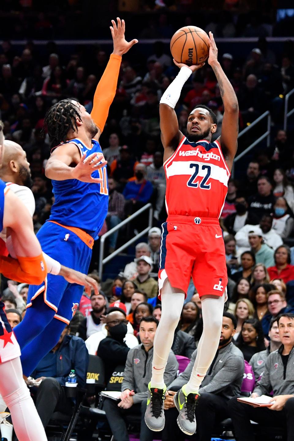 Feb 24, 2023; Washington, District of Columbia, USA; Washington Wizards guard Monte Morris (22) shoots against the New York Knicks during the second half at Capital One Arena. Mandatory Credit: Brad Mills-USA TODAY Sports