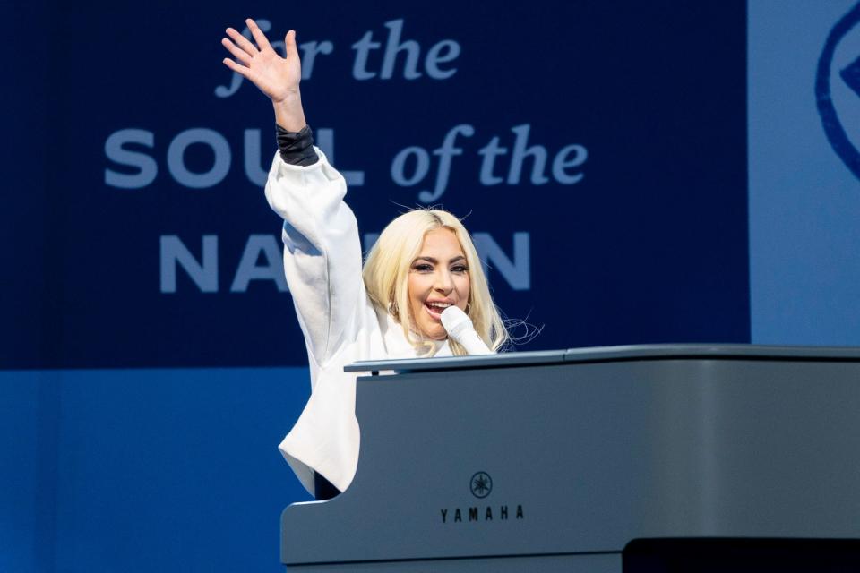 <p>Lady Gaga performs at a drive-in campaign rally for Joe Biden in Pittsburgh on Monday.</p>