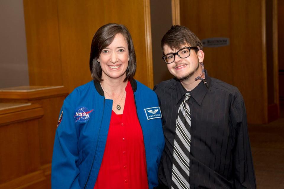 Former youth ambassador Andrew Hunter, with NASA astronaut Megan McArthur, serves as a Youth Town Hall emcee.