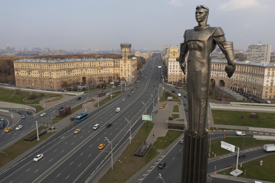 This Friday, Oct. 19, 2018 photo shows the 42-meter (138-feet) high and 12 ton (26,455 pounds) monument built in 1980 of Yuri Gagarin, the first person who flew to space, became a Moscow landmark. Gagarin's statue standing on a pedestal made to resemble a rocket exhaust is made of titanium. The successful one-orbit flight on April 12, 1961 made the 27-year-old Gagarin a national hero and cemented Soviet supremacy in space until the United States put a man on the moon more than eight years later. (AP Photo/Maxim Marmur)