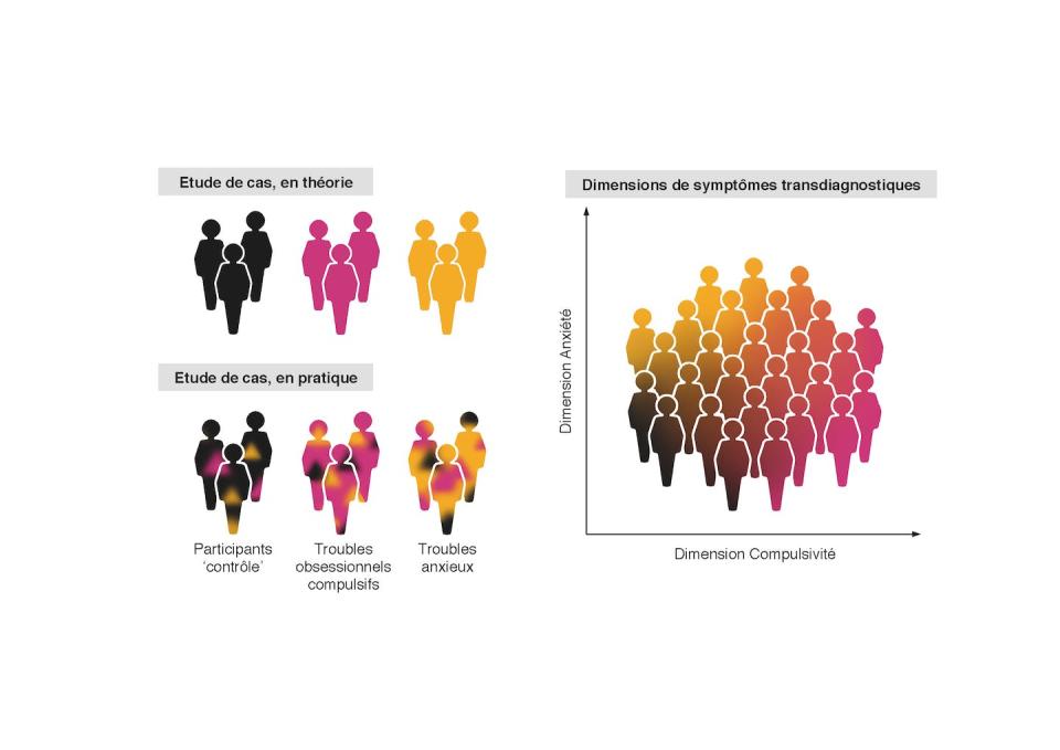 Les approches dimensionnelles prennent en compte les hétérogénéités de symptômes au sein d’une même « catégorie diagnostique », et entre ces catégories, en identifiant des dimensions latentes sous-jacentes à divers symptômes de santé mentale, qui fluctuent naturellement au sein de la population. Marion Rouault, Fourni par l'auteur