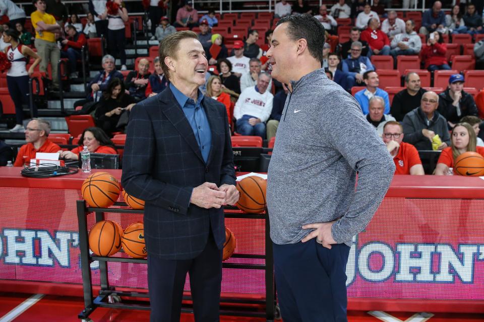 Dec 20, 2023; Queens, New York, USA; St. John's Red Storm head coach Rick Pitino and Xavier Musketeers head coach Sean Miller meet prior to the start of the game at Carnesecca Arena.